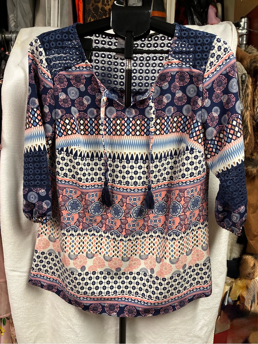 Boho Printed Peasant Blouse - Navy Multi